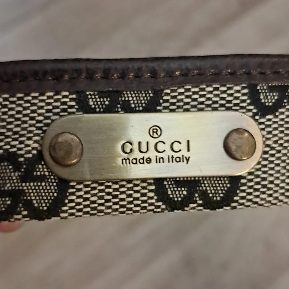 Gucci Canvas Leather Trimmed Belt Brass Buckle Size 38 Luxury Classic Preowned